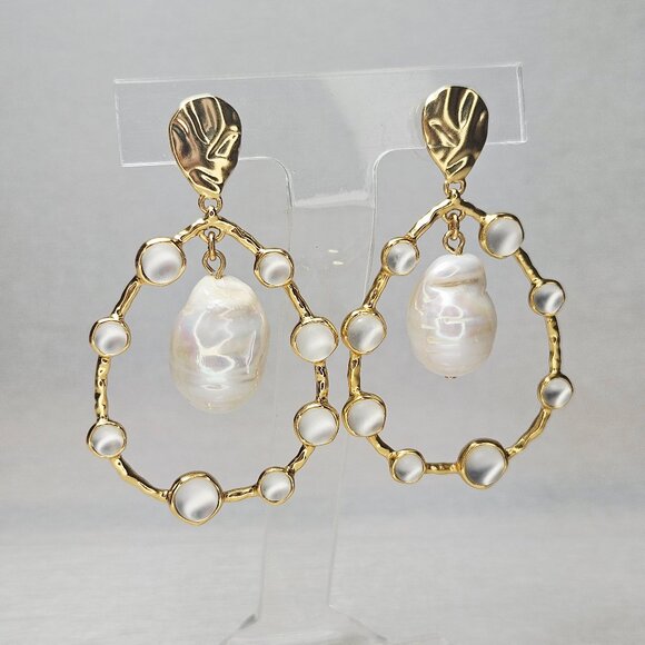 J.Crew Baroque Real Pearl Statement Earrings Hoops Frosted Glass Stones - Picture 1 of 5
